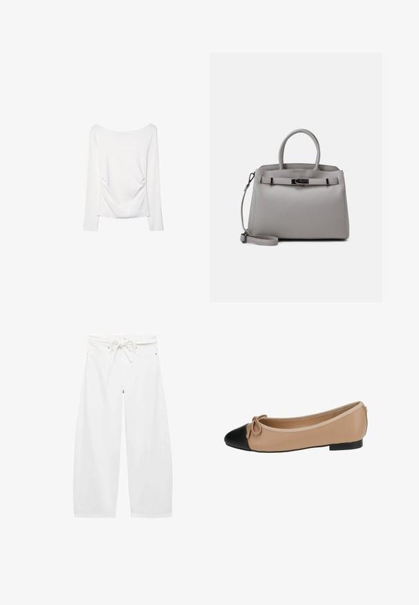 Bela dolga majica z širokim izrezom in nabranim detajlom na hrbtni strani. Gladka tekstura, oprijet dizajn.; Bela široka hlače iz lahkega materiala, s pasom na vrvico, dvema sprednjima žepoma in preprostimi kovinskimi dodatki.; Balerinka iz bež usnja z črnim kapicom. Ima podrobnost z lokom spredaj in gladko teksturo. Nizka oblika z gumijastim podplatom.; Siva usnjena torbica z dvema ročajema, snemljivim trakom, gladko teksturo in kovinskim zaponko spredaj. Okrogla oblika in minimalističen dizajn.