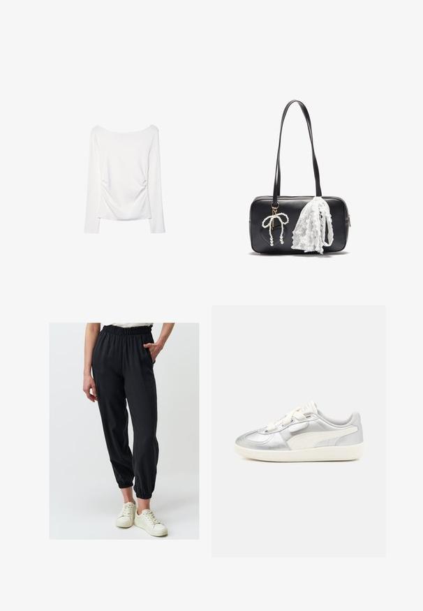 Langärmliges weißes Oberteil mit weitem Halsausschnitt und gerafftem Detail im Rücken. Glatte Textur, figurbetonter Schnitt.; Jimmy Key ELASTIC WAIST NARROW LEG WITH POCKETS - Jogginghose - black; Silberne metallic Sneaker mit weißen Akzenten, glattem Synthetik-Obermaterial, Schnürverschluss und strukturiertem Gummisohle. PUMA-Logo an der Seite.; Even&Odd Handtasche - black