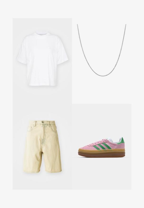 White cotton t-shirt with a crew neck, short sleeves, and a relaxed fit. Features a subtle logo on the left chest area. Smooth texture.; Light yellow denim shorts with a high waist, featuring belt loops, a front button closure, and side pockets. Smooth texture and straight cut.; Pink suede sneakers with green stripes, white accents, and a brown rubber sole. Features textured fabric and logo detailing on the side.; Silver chain necklace with a smooth, round flat link design. Features a shiny finish and measures approximately 20 inches in length.