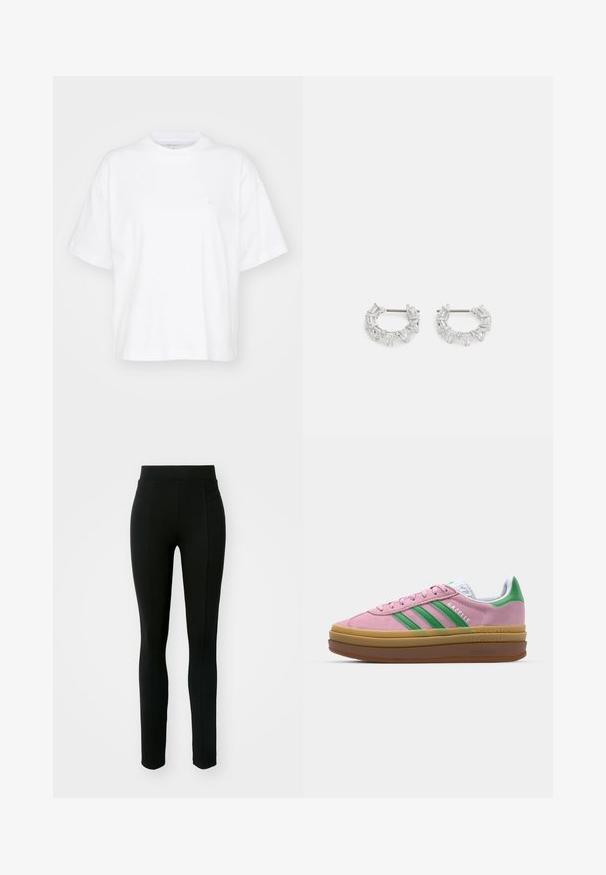 T-shirt de algodão branco com decote redondo, mangas curtas e um corte descontraído. Apresenta um logotipo discreto na área do peito esquerdo. Textura suave.; Leggings pretos feitos de material elástico, com cintura alta, corte ajustado e dois bolsos frontais sem costuras visíveis.; Ténis de camurça rosa com riscas verdes, detalhes brancos e sola de borracha castanha. Apresenta tecido texturizado e detalhes de logótipo na lateral.; Brincos de argola prateados com cristais claros, retangulares e triangulares dispostos em um design padronizado. Pinos para um fecho seguro.