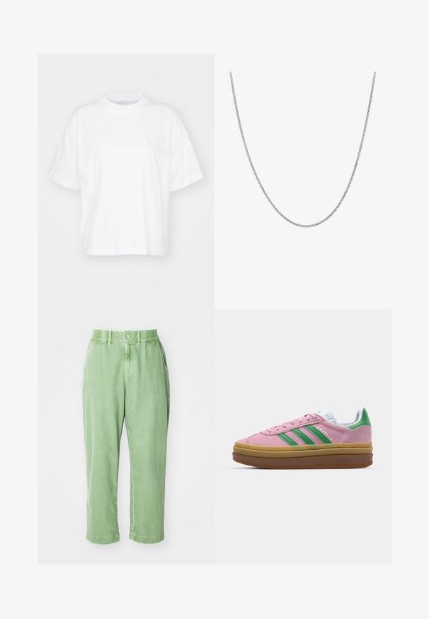 Biela bavlnená tričko s okrúhlym výstrihom, krátkymi rukávmi a voľným strihom. Obsahuje jemné logo na ľavej strane hrude. Hladká textúra.; Svetlozelené, voľné nohavice vyrobené z mäkkého materiálu. Obsahuje gombík a elastický pás, s bočnými vreckami a zúženými nohavicami.; Ružové semišové tenisky so zelenými pruhmi, bielymi akcentmi a hnedou gumovou podrážkou. Obsahujú textúrovanú tkaninu a logo na boku.; Strieborný reťazový náhrdelník s hladkým, zaobleným plochým štýlom. Má lesklý povrch a meria približne 20 palcov na dĺžku.
