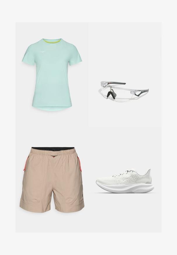 Svetlo modra kratka majica za športne aktivnosti s krožnim ovratnikom, ki ima teksturno tkanino in subtilen logotipni poudarek spredaj.; Bež kratke hlače z elastičnim pasom, rdečimi vrvico za zategovanje in stranskimi žepi. Gladek material in prilagojen kroj, primeren za sproščeno nošenje.; Bele športne čevlje v beeli barvi z teksturirano zgornjimi deli, zasnovo na vezalke in oblazinjeno podplatom z valovito profilom. Diskretna blagovna znamka na strani.; Prozorni zaščitni očala z lahkim, prozornim okvirjem in sivo obrobo. Imajo zasnovo, ki se ovija okoli oči, ter nastavljiv nosni del.