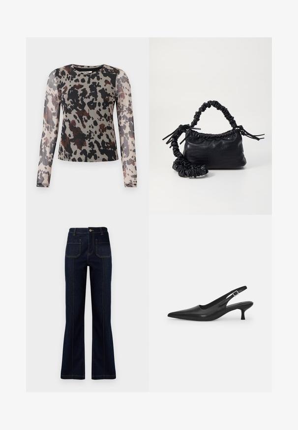 Long-sleeve top in lightweight, sheer fabric featuring a leopard print pattern in earthy tones of black, brown, and beige. Round neckline.; Dark blue flared jeans made of denim, featuring a high waist, two back pockets, and visible stitching along the seams.; Black leather slingback shoe with a pointed toe and a slim, curved heel. Features a discrete adjustable strap with a metal buckle.; Black faux leather handbag with a crocodile texture, cinched top, and a scrunched strap. Appears soft and compact in design.