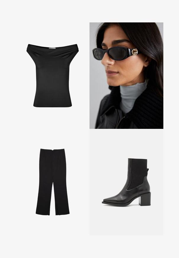 Crna bluzica bez naramenica napravljena od glatkog elastinog materijala. Uže krojen dizajn s drapiranim izrezom, kratkim rukavima i ravnim rubom.; Crne hlače ravnog kroja, s prednjim džepovima i bočnim prorezima na rubu. Izrađene od mekog i glatkog materijala. Pogodne za razne prigode.; Crne gležnjače s šiljastim nosom, izrađene od glatke kože i elastične tkanine. Imaju blok petu i minimalistički dizajn.; Crne sunčane naočale sa elegantnim pravokutnim okvirom i zlatnim logotipom na strani. Tamna stakla i sjajni finiš su istaknuti.; Smeđa kožna torba za rame sa strukturiranim oblikom, koja ima magnetsko zatvaranje na preklopu i metalni logo akcent na prednjoj strani.
