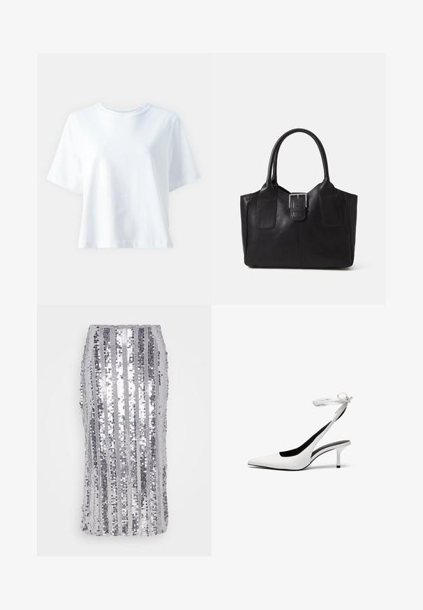 T-shirt de algodão branco com decote redondo, mangas curtas, corte solto e textura suave. Não apresenta padrões ou detalhes visíveis.; Saias de lantejoulas prateadas com riscas verticais de tamanhos variados, textura suave e forma ajustada. Lavável à máquina com um design de vestir.; Sapatos de salto alto brancos com biqueira fina e tiras de calcanhar. Material de couro liso, salto agulha fino e forro interior preto.; Bolsa tote de couro preta com textura suave, forma estruturada, duas alças e um destaque prateado proeminente na parte da frente.