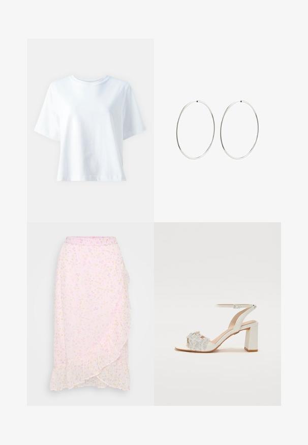 Balta medvilninė marškinė su apvaliu kaklu, trumpomis rankovėmis, laisvu siluetu ir švelnia tekstūra. Žinoma, jokių raštų ar akcentų nematyti.; Vero Moda Petite VMSMILLA WRAP SKIRT - Susiaučiamas sijonas - pink a boo/aura; Balti kulniukai su baltomis sandalais, puošti sidabriniais gėlių ornamentais ir dirželiu aplink kulkšnį. Minkšta tekstūra.; Sidabriniai auskarai-žiedai su lygiu, apvaliu dizainu ir blizgiu paviršiumi. Jie yra ploni ir lengvi, turintys paprastą užsegimą.