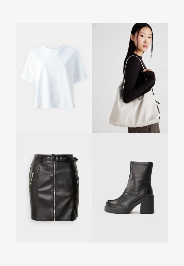 Fehér pamut póló kerek nyakkivágással, rövid ujjakkal, laza szabással és sima felülettel. Nincsenek látható minták vagy díszítések.; Fekete bőr mini szoknya, testhez simuló fazonnal, elülső cipzárral, két oldalsó zsebbel és csattal ellátott övvel. Sima textúrájú.; Fekete, félmagas bőr csizma vaskos tömbsarokkal és platform talppal, egyszerű fehér háttérrel.; Puha anyagból készült bézs kézitáska, laza dizájnnal, varrott részletekkel és két vállpánttal. Mindennapi használatra alkalmas.