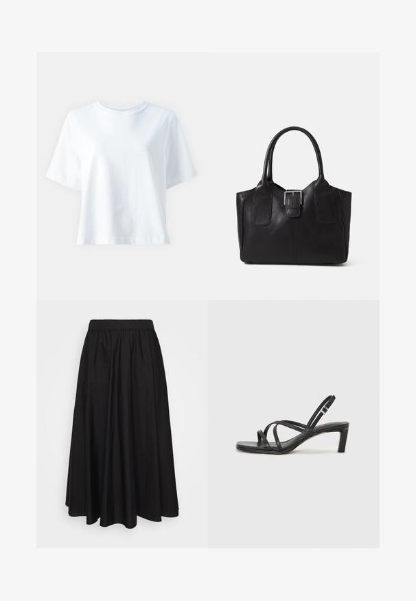 Hvit bomulls t-skjorte med rund hals, korte ermer, løs passform og jevn tekstur. Ingen mønstre eller aksenter synlige.; Svart, luftig midi-skjørt laget av lett materiale med elastisk midje, med en jevn tekstur og ingen synlige mønster eller detaljer.; Sorte sandaler med stropper, firkantet tå og lav blokk hæl. Har flere tynne stropper og en justerbar ankelstropp. Laget av glatt lær.; Svart skinn toteveske med jevn tekstur, strukturert form, to håndtak og en fremtredende sølvspenne foran.