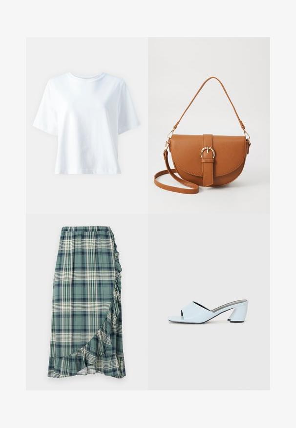 Camiseta de algodón blanca con cuello redondo, mangas cortas, ajuste relajado y textura suave. Sin patrones ni acentos visibles.; Falda a cuadros en verde y azul marino, con un dobladillo con volantes y cinturilla elástica. La tela tiene una textura suave con diferentes patrones de cuadros.; Mules de tacón abierto en azul claro con un diseño geométrico, que cuentan con una amplia tira en el empeine y un tacón grueso y angular.; Bolso bandolera de cuero marrón con forma curvada, herrajes dorados y un acento de hebilla. Incluye una correa de hombro desmontable.