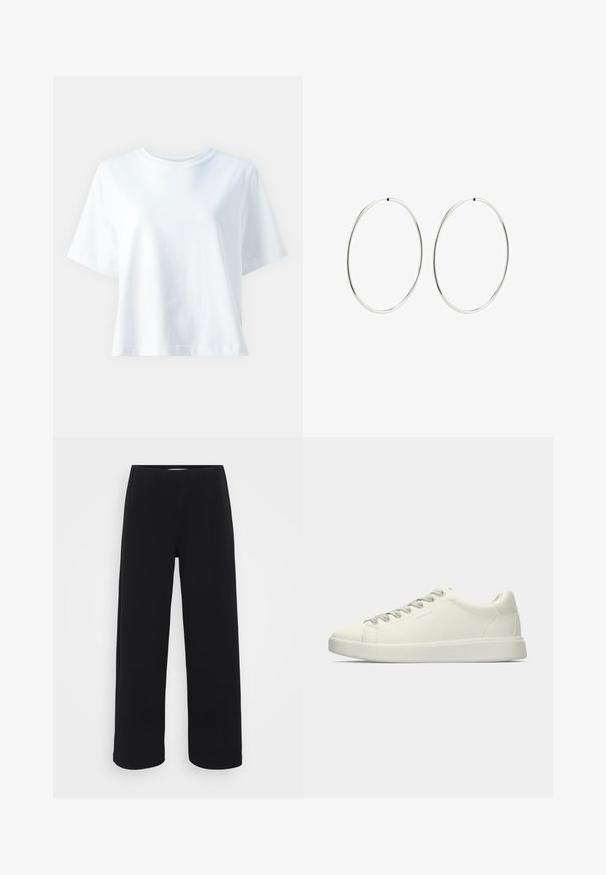 Bijela pamučna majica s okruglim izrezom, kratkim rukavima, opuštenim krojem i glatkom teksturom. Nema vidljivih uzoraka ili naglaskâ.; Crne široke hlače s elastičnim pojasom. Napravljene od teksturiranog materijala, s prostranim krojem i ravnim rezom od bokova do donjeg ruba.; Bijela niska kožna tenisica s vezanjem i ravnim gumenim đonom prikazana sa strane na jednostavnoj pozadini.; Srebrne naušnice od obruča s glatkim, okruglim dizajnom i poliranim završetkom. Tanak su i lagani, s jednostavnim zatvaranjem.