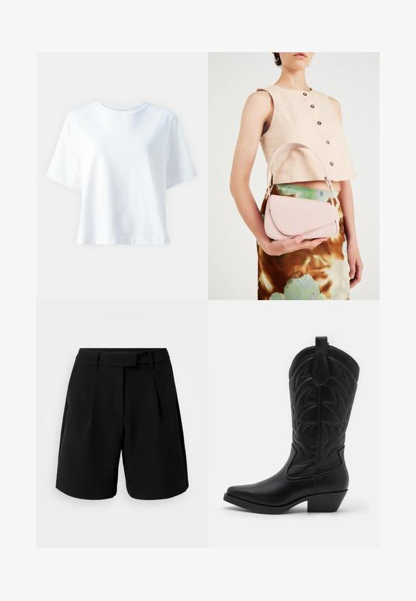 Hvit bomulls t-skjorte med rund hals, korte ermer, løs passform og jevn tekstur. Ingen mønstre eller aksenter synlige.; Svarte skreddersydde shorts laget av glatt stoff, med høy midje, legg, beltehempler og sidelommer, med et rent design.; Svart cowboystøvel med spiss tå, teksturert lær, dekorativ søm på skaftet og lav stablet hæl.; Rosa skinnhåndveske med buet klaff, enkel skulderrem og rene linjer. Vesken har en glatt tekstur og minimalistisk design.