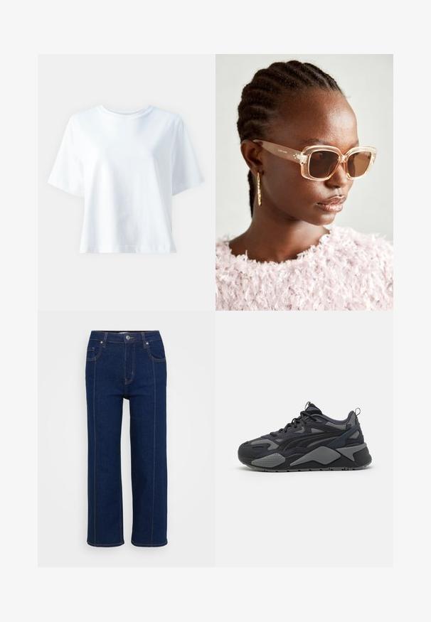 Hvit bomulls t-skjorte med rund hals, korte ermer, løs passform og jevn tekstur. Ingen mønstre eller aksenter synlige.; Mørkeblå rette jeans med knappelukking, front- og baklommer, og synlig oransjefargede sømmer langs sømmene.; Sorte treningssneakers med mesh- og tekstiloverdel med grå detaljer, en kraftig såle og distinkte designlinjer.; Beige oversized solbriller med klar ramme og brune tonede linser, med subtile blomsterdetaljer og dristig, geometrisk design.