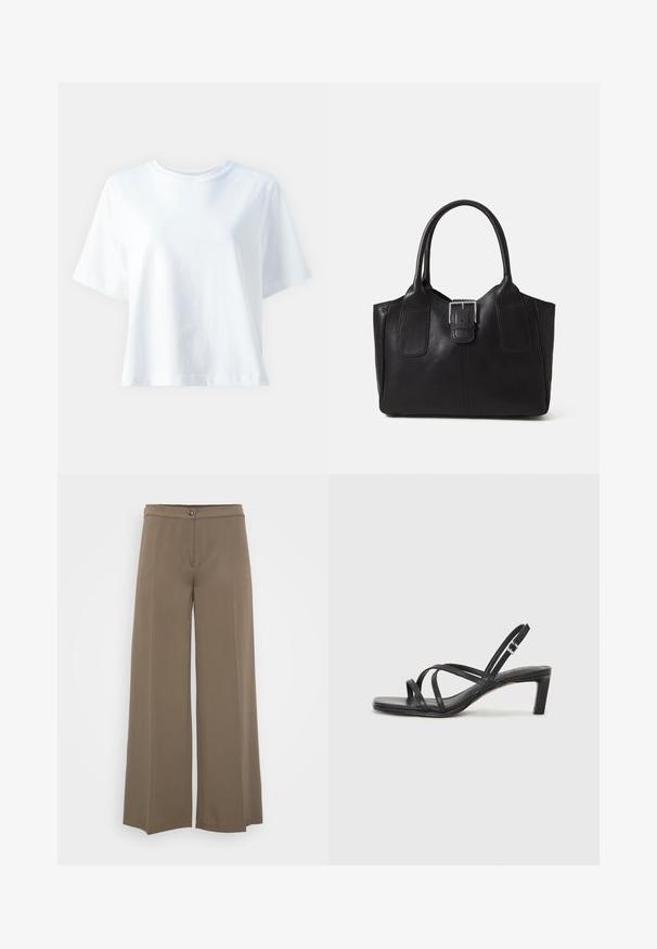 Bela bombažna majica s kratkimi rokavi in krožnim izrezom, sproščenega kroja in gladke teksture. Ni vidnih vzorcev ali dodatkov.; Široke hlače iz enotnega rjavega materiala, z gumbom, ravnim sprednjim delom in gladko teksturo, zasnovane za sproščen fit.; Črne natikače s trakovi in kvadratnim prstom ter nizkim blokastim peto. Imajo več tankih trakov in nastavljiv trak okoli gležnja. Narejene so iz gladkega usnja.; Črna usnjena torba s gladko teksturo, strukturirano obliko, dvema ročkama in izrazitim srebrnim sponko na sprednji strani.