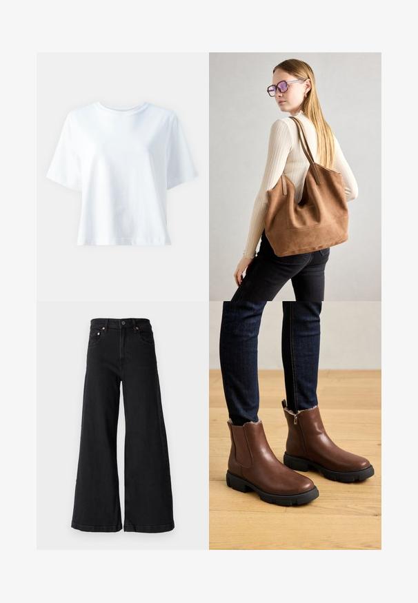 T-shirt de algodão branco com decote redondo, mangas curtas, corte solto e textura suave. Não apresenta padrões ou detalhes visíveis.; GAP Petite STRIDE SAVILLE - Wide leg - washed black; Botas de tornozelo em couro castanho com fecho de zíper, superfície texturada, sola grossa em borracha preta e forro macio em pelagem na parte do tornozelo.; Bolsa tote em camurça castanha com textura suave, grande abertura e alças longas. Apresenta um design simples com costuras visíveis e sem acessórios.