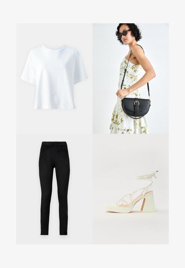 Biele bavlnené tričko s okrúhlym výstrihom, krátkymi rukávmi, voľným strihom a hladkou textúrou. Bez vzorov alebo akcentov.; Čierne legíny vyrobené z mäkkého, elastického materiálu, s vysokým pásom a priliehavým strihom. Hladký povrch bez viditeľných vzorov alebo ozdôb.; Biele sandále na vysokom opätku s hrubým podpätkom, s pruhovaným dizajnom a viazaním na členku. Hladký povrch s platformou vpredu pre zvýšenú výšku.; Čierna kožená kabelka s zaobleným tvarom, odnímateľným popruhom a zlatými doplnkami. Kabelka má klopu s detailom s prackou.; Strieborné kruhové náušnice s hladkým, okrúhlym dizajnom a lesklým povrchom. Sú tenké a ľahké, s jednoduchým uzáverom.