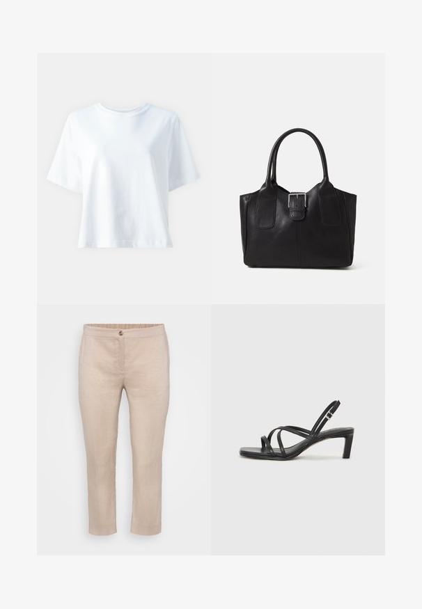 Bela bombažna majica s kratkimi rokavi in krožnim izrezom, sproščenega kroja in gladke teksture. Ni vidnih vzorcev ali dodatkov.; Bež žakardne hlače dogle, z ravnim sprednjim delom, gumbom za zapiranje in elastičnim pasom. Gladka tekstura z minimalnimi šivi in brez žepov.; Črne natikače s trakovi in kvadratnim prstom ter nizkim blokastim peto. Imajo več tankih trakov in nastavljiv trak okoli gležnja. Narejene so iz gladkega usnja.; Črna usnjena torba s gladko teksturo, strukturirano obliko, dvema ročkama in izrazitim srebrnim sponko na sprednji strani.