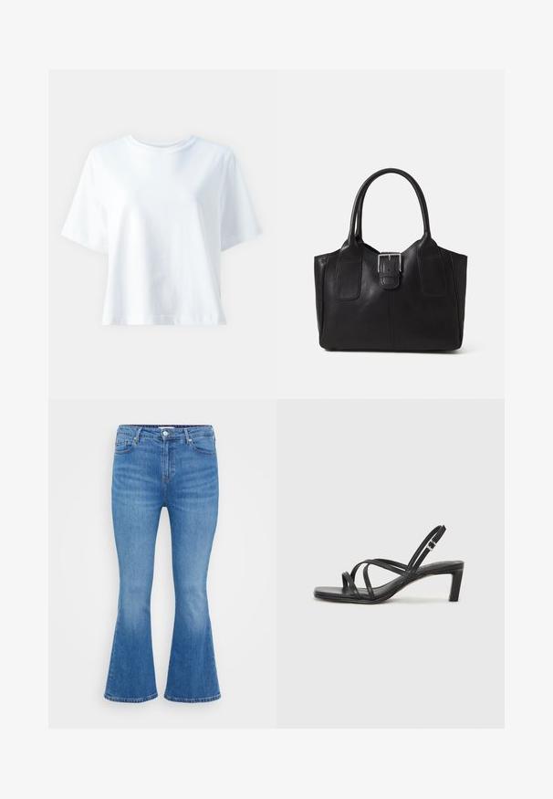 Hvit bomulls t-skjorte med rund hals, korte ermer, løs passform og jevn tekstur. Ingen mønstre eller aksenter synlige.; Lys blå denim flared jeans med høy midje, fem lommer og en klassisk knappelukking. Glatt tekstur med subtil blekning.; Sorte sandaler med stropper, firkantet tå og lav blokk hæl. Har flere tynne stropper og en justerbar ankelstropp. Laget av glatt lær.; Svart skinn toteveske med jevn tekstur, strukturert form, to håndtak og en fremtredende sølvspenne foran.
