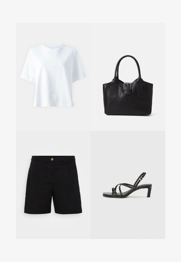Fehér pamut póló kerek nyakkivágással, rövid ujjakkal, laza szabással és sima felülettel. Nincsenek látható minták vagy díszítések.; Fekete len rövidnadrág, letisztult dizájnnal, egyetlen fa gombbal a deréknál és felgöngyölt szegéllyel. Simább tapintás, oldalsó zsebekkel.; Fekete pántos szandál négyzetes orral és alacsony blokk sarkal. Több vékony pánttal és állítható boka pánttal rendelkezik. Sima bőrből készült.; Fekete bőr bevásárlótáska sima textúrával, strukturált formával, két fogantyúval és egy figyelemfelkeltő ezüst csattal az elején.