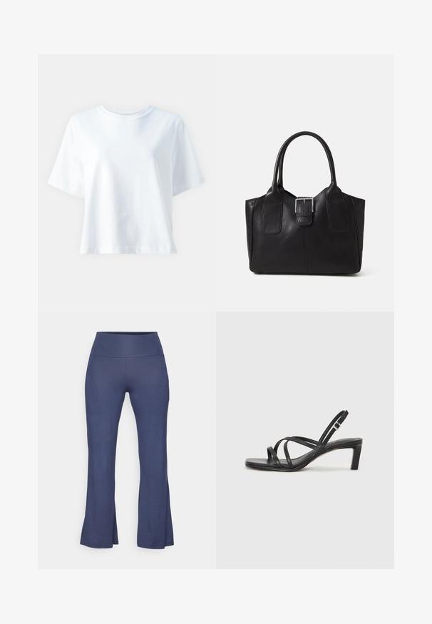 Biele bavlnené tričko s okrúhlym výstrihom, krátkymi rukávmi, voľným strihom a hladkou textúrou. Bez vzorov alebo akcentov.; Yogasearcher JAIPUR FLARE PANTS - Tepláky - navy; Čierne sandále na vysokom podpätku so štvorcovou špičkou a nízkym blokovým podpätkom. Obsahujú viacero tenkých popruhov a nastaviteľný členkový popruh. Vyrobené z hladkej kože.; Čierna kožená taška s hladkou textúrou, štruktúrovaným tvarom, dvoma uchami a výrazným strieborným prackovým detailom na prednej strane.