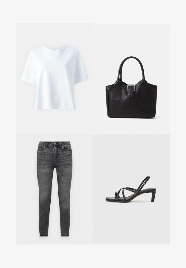 Valge puuvillane T-särk ümmarguse kaelusega, lühikeste varrukatega, lõdva lõikega ja sileda tekstuuriga. Mustrid või aktsendid ei ole nähtavad.; Mustad denimist mustad teksad, millel on kulunud viimistlus, traditsiooniline viie taskuga disain ja kulunud servade detail pahkluude juures.; Mustast rihmajalatsid ruudukujulise varba ja madala ploki kontsaga. Omab mitmeid õhukesi rihmasid ja reguleeritavat pahkluu rihma. Valmistatud siledast nahast.; Mustgamma nahast kott, millel on sile tekstuur, struktureeritud kuju, kaks käepidet ja esiküljel silmapaistev hõbedane pandla detail.; Hõbedane kahekordne rõngas sujuva, poleeritud pinnaga. Omab voolavat, kõverat disaini, millel on kattuvad sektsioonid, et saavutada kaasaegne ilme.