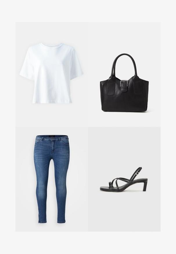 Hvit bomulls t-skjorte med rund hals, korte ermer, løs passform og jevn tekstur. Ingen mønstre eller aksenter synlige.; Smal jeans laget av medium blå denim, med fem lommer, lett falming og klassisk knapp- og glidelås-stenging.; Sorte sandaler med stropper, firkantet tå og lav blokk hæl. Har flere tynne stropper og en justerbar ankelstropp. Laget av glatt lær.; Svart skinn toteveske med jevn tekstur, strukturert form, to håndtak og en fremtredende sølvspenne foran.