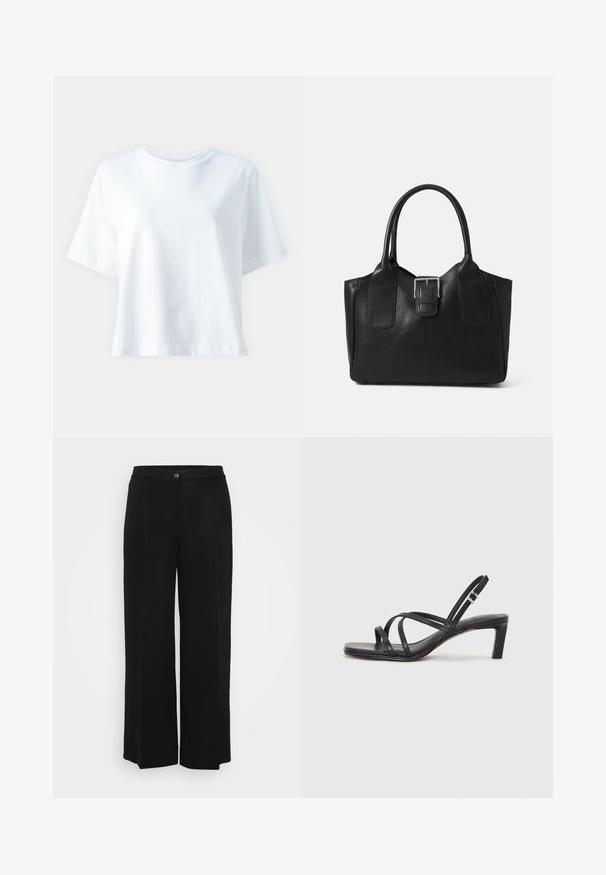 Weißes Baumwoll-T-Shirt mit Rundhals, kurzen Ärmeln, lockerer Passform und glatter Textur. Keine Muster oder Akzente sichtbar.; Schwarze weite Stoffhosen mit glatter Textur, ausgestattet mit einem Knopfverschluss, genähtem Bund und ohne sichtbare Muster oder Akzente.; Schwarze Sandale mit Riemchen, quadratischer Zehenform und niedrigem Blockabsatz. Verfügt über mehrere dünne Riemen und einen verstellbaren Knöchelriemen. Hergestellt aus glattem Leder.; Schwarze Leder-Tote mit glatter Textur, strukturiertem Design, zwei Griffen und einem auffälligen silbernen Schnallen-Detail auf der Vorderseite.; Silberne blumenförmige Ohrringe mit strukturiertem Finish, die lange Haken und blütenblattartige Details für ein filigranes Design aufweisen.