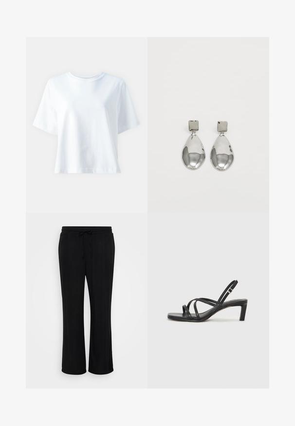 White cotton t-shirt with a crew neck, short sleeves, relaxed fit, and smooth texture. No patterns or accents visible.; Black relaxed-fit trousers made of soft fabric, featuring an elastic waistband with a drawstring and wide legs. No visible patterns.; Black strappy sandal with a square toe and a low block heel. Features multiple thin straps and an adjustable ankle strap. Made of smooth leather.; Silver drop earrings with a square stud, featuring a smooth, polished finish and a teardrop shape, reflecting light with a glossy surface.