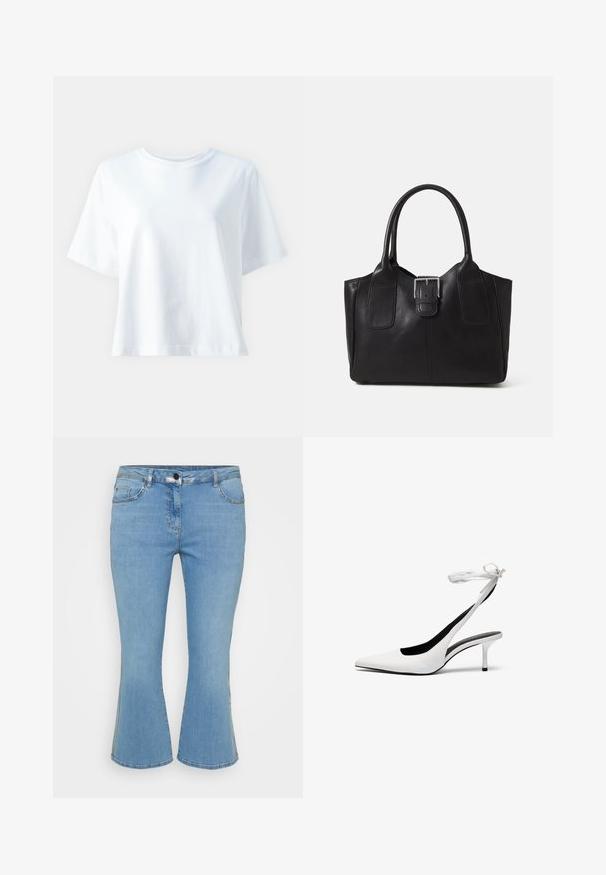 Hvit bomulls t-skjorte med rund hals, korte ermer, løs passform og jevn tekstur. Ingen mønstre eller aksenter synlige.; Lyseblå denim bukser med vidde nederst, med fem lommer, funksjonelt knappefeste og kontraststing langs sømmene.; Hvite spisse slingback-hæler med tynn ankelrem. Glatt lærmateriale, tynn stiletthæl og svart innvendig foring.; Svart skinn toteveske med jevn tekstur, strukturert form, to håndtak og en fremtredende sølvspenne foran.