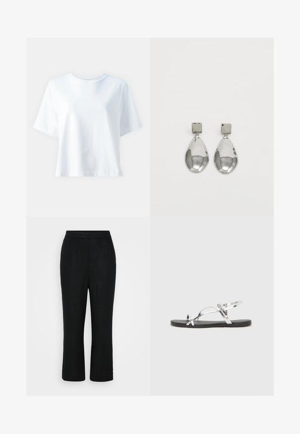 Hvit bomulls t-skjorte med rund hals, korte ermer, løs passform og jevn tekstur. Ingen mønstre eller aksenter synlige.; Sorte linbukser med rett snitt, midjehøyde og cropped lengde, med en glatt tekstur og uten synlige lukkinger.; Sølvfargede metall sandaler med et minimalistisk design, som har tynne stropper og en sort flat såle. Fremhevingene inkluderer kryssremmer.; Sølv dråpeøreringer med firkantet studs, med en glatt, polert overflate og en tåreformet design som reflekterer lys med en blank overflate.