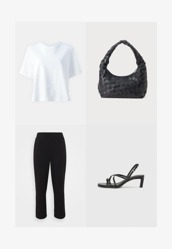 Weißes Baumwoll-T-Shirt mit Rundhals, kurzen Ärmeln, lockerer Passform und glatter Textur. Keine Muster oder Akzente sichtbar.; Schwarze, cropped Hose mit glatter Textur, elastischem Bund und geraden Beinen. Mit vorderen Falten für zusätzliche Details.; Schwarze Sandale mit Riemchen, quadratischer Zehenform und niedrigem Blockabsatz. Verfügt über mehrere dünne Riemen und einen verstellbaren Knöchelriemen. Hergestellt aus glattem Leder.; Schwarze Leder Schultertasche mit geflochtenem Tragegriff und halbrunder Form auf einem einfarbigen Hintergrund.; Silberner Doppelring mit einer glatten, polierten Oberfläche. Verfügt über ein fließendes, kurviges Design mit überlappenden Abschnitten für einen modernen Look.