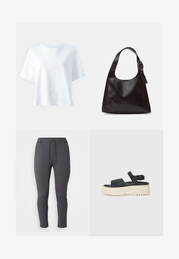 Balta medvilninė marškinė su apvaliu kaklu, trumpomis rankovėmis, laisvu siluetu ir švelnia tekstūra. Žinoma, jokių raštų ar akcentų nematyti.; Pilkos sportinės kelnės su raišteliu juosmens srityje, siaurėjantis pjaustymas, lygus paviršius ir iki kulkšnies ilgio dizainas.; Juodos zomšos platforminės sandalai su masyviu baltu padais, plačia priekinė juostele ir reguliuojamu kulkšnies užsegimu. Textūruotas padas užtikrina sukibimą.; Ruda odinė petinė kuprinė su lygiu paviršiumi, apvalia forma, plačia juosta ir apvaliu metaliniu akcentu ant rankenos.; Sidabriniai auskarai-žiedai su lygiu, apvaliu dizainu ir blizgiu paviršiumi. Jie yra ploni ir lengvi, turintys paprastą užsegimą.