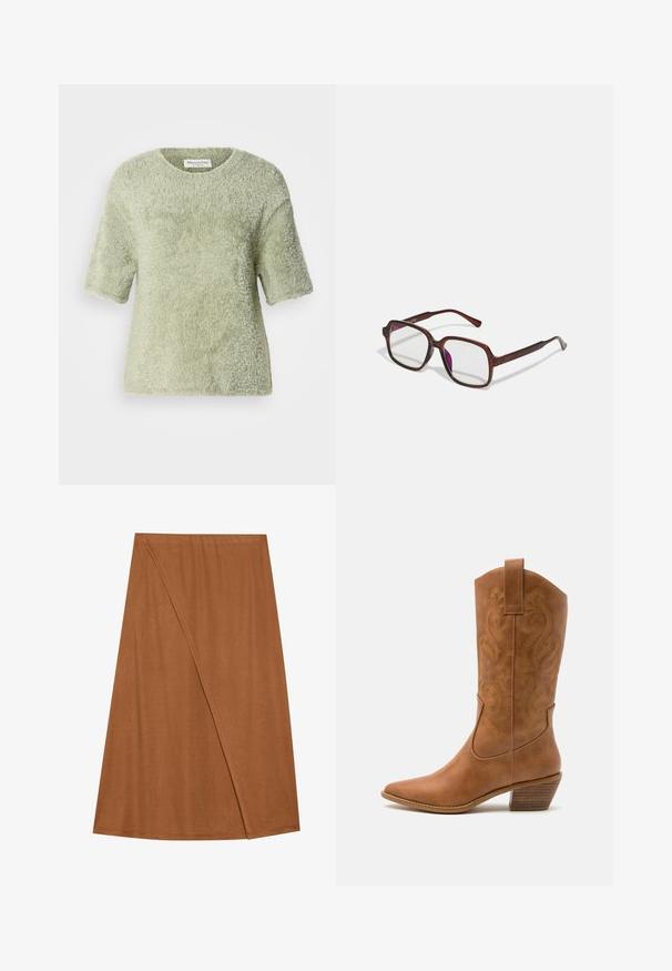 Korte mouwen, zachte pullover in lichtgroen. Zachte textuur, ronde hals, relaxed fit, met een iets losse silhouette en geen zichtbare hardware.; Bruine, knielange wikkelrok gemaakt van zachte stof. Kenmerkt zich door een asymmetrisch ontwerp met een zijnaaddetail en een gladde textuur.; Tan leren cowboylaars met puntige neus, geborduurde spiraalpatronen op de schacht en een gestapelde blokhak. Voorzien van een trekband voor gemakkelijke aan- en uittrekken.; Bruine, rechthoekige bril met transparante glazen en paarse tinten. Glad kunststof montuur met rechte pootjes en subtiele accenten.; Bordeaux vegan leren schoudertas met twee stevige handvatten, voorzien van een bijpassend ritszakje met kwastaccent. Gladde, gestructureerde afwerking.; Gouden creolen met een textuur en onregelmatige vorm. Voorzien van een naadloze sluiting en een gepolijste afwerking, wat het moderne ontwerp benadrukt.
