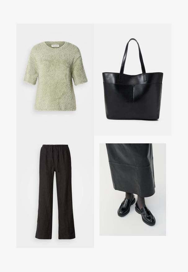 Krátky rukáv, chlpatý pulover svetlozelený. Mäkko textúrovaný, s okrúhlym výstrihom, voľný strih, s mierne voľnou siluetou a bez viditeľného kovania.; Čierne, voľné nohavice s elastickým pásom a šnúrkou. Vyrobené z ľahkej látky s hladkou textúrou a rovnými nohavicami.; Čierne kožené poltopánky s hladkým povrchom, s dekoratívnym pásikom, okrúhlou špičkou a textúrovanou podrážkou. Nosené s dlhou čiernou koženou sukňou.; Čierna kožená tote taška s dvoma dlhými rúčkami, hladkým povrchom a štruktúrovaným tvarom. Obsahuje prednú kapsu pre dodatočné uskladnenie.