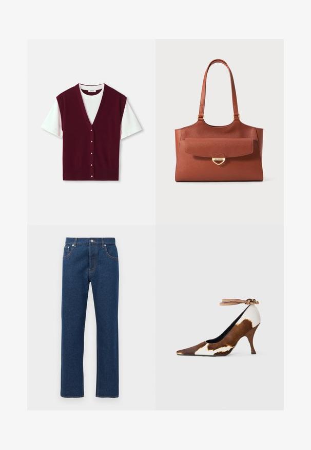 Bordo megztinis be rankovių su V formos iškirpte, trumpomis baltomis rankovėmis ir priekyje užsegamas mygtukais. Sklandus paviršius su grioveliais apatine dalimi ir penkiais dekoratyviais mygtukais.; Tiesios kojų tamsiai mėlynos džinsinės kelnės su priekinėmis ir užpakalinėmis kišenėmis, diržo kilpomis, užsegimu mygtuku ir matomais oranžiniais siūlais.; Ruda ir balta karvės rašo aukšti kulniukai su smailiu pirštu, tekstūruota paviršiumi ir kulkšnies dirželiu su šviesiai ruduoju užsegimu.; Ruda odinė perkeliamąja kuprinė su ilgomis rankenomis, priekinė kišenė su dangteliu ir auksinė širdeles formos užsegimo sagtis, gravezuota "Love Moschino".