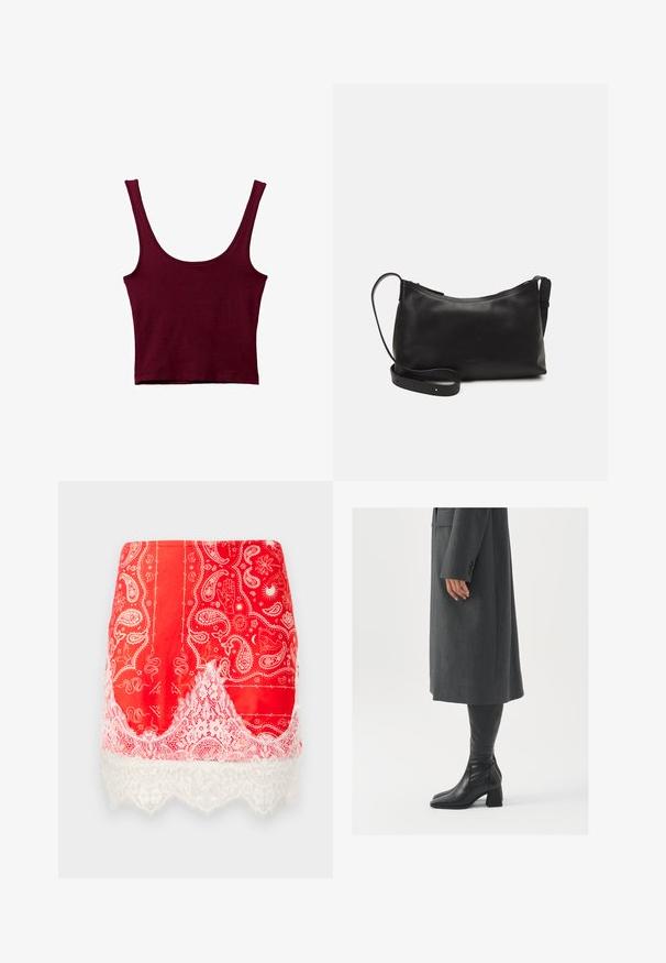 Top in borgogna con spalline larghe, scollatura a girocollo e silhouette attillata. Realizzato in un materiale morbido e elasticizzato con una superficie liscia.; Mini gonna rossa con stampe a paisley bianche e motivi mistici, rifinita con pizzo floreale bianco all'orlo.; Cappotto grigio su misura con taglio dritto; abbinato a stivali in pelle nera al ginocchio con punta quadrata e tacco grosso.; Borsa a spalla in pelle nera con una texture liscia, forma curva, tracolla regolabile e chiusura con zip. Design minimalista senza ornamenti.