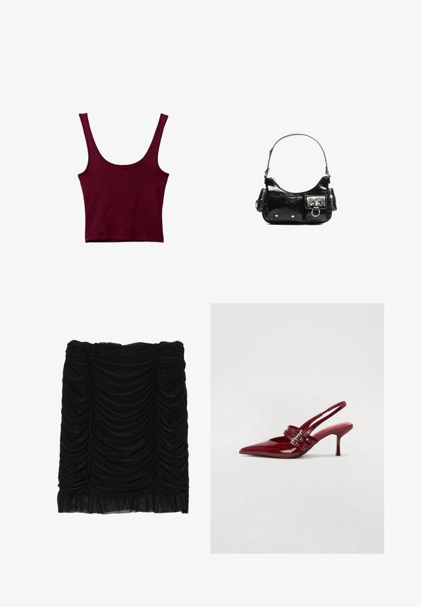 Bordový top bez rukávů se širokými ramínky, kulatým výstřihem a přiléhavým střihem. Vyrobeno z měkkého, elastického materiálu s hladkým povrchem.; Černá minisukně se shromážděnou tkaninou, s nabíraným designem a volánkovým lemem. Vyrobena z měkkého materiálu s hladkou texturou.; Červené lakované kožené lodičky na podpatku s špičatou špičkou, dvěma přezkami a štíhlým, středně vysokým jehlovým podpatkem. Hladký povrch.; Černá lakovaná kožená kabelka s křivkovým tvarem, jedním ramenním popruhem, předními kapsami a stříbrnými kovovými detaily.