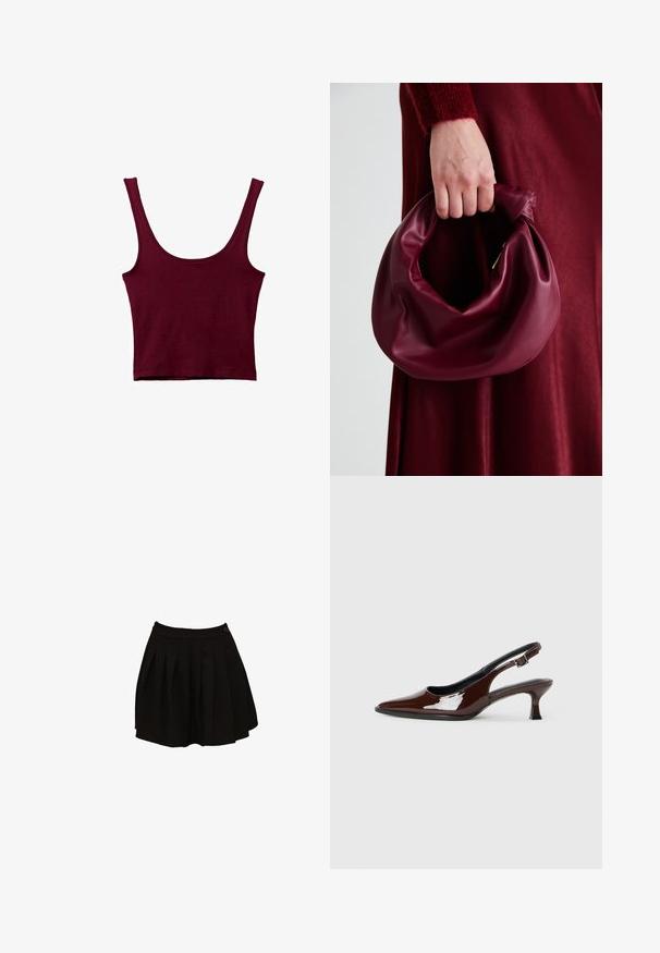 Burgundska majica brez rokavov širokimi naramnicami, z oblikovanim dekoltejem in prilagojeno silhueto. Narejena iz mehkega, raztegljivega materiala z gladko teksturo.; Črna nabirana krilo z oprijeto pasom in detajlom enega gumba. Tkanina se zdi gladka in lahka, zasnovana za širši silhuet.; Rjavi lakirani slingback čevelj z ostro konico in zmerno peto. Ima zaponko za varno prileganje. Gladka tekstura.; Bordo usnjeni ročni torbici s mehak, nabrana zasnova in okrogla oblika. Ročaj je varen in prikazuje gladko teksturo.
