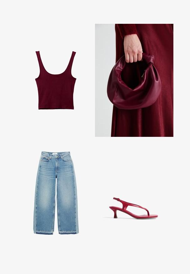 Burgundowy top na ramiączkach z szerokimi paskami, okrągłym dekoltem i dopasowanym krojem. Wykonany z miękkiego, elastycznego materiału o gładkiej fakturze.; Jasnoniebieskie dżinsy szerokie w nogawkach, wykonane z denimu, z wysokim stanem, zapięciem na guzik, kieszeniami z przodu i surowym dołem.; Czerwone sandały z lakierowanej skóry, z cienkim paskiem na palce i regulowanym paskiem na kostce. Posiadają niski, zwężający się obcas i płaską podeszwę.; Bordowa skórzana torebka o miękkim, marszczonym wyglądzie i zaokrąglonym kształcie. Uchwyt jest zabezpieczony, co podkreśla gładką fakturę.