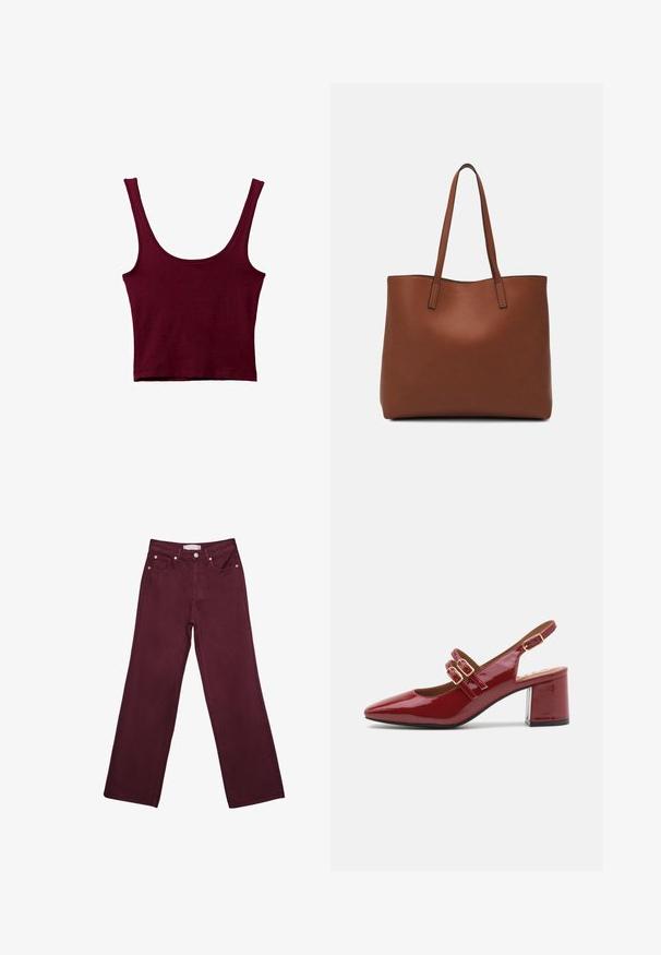 Burgundijska majica bez rukava s širokim naramenicama, okruglim izrezom i prilagođenim siluetom. Izrađena od mekog, rastezljivog materijala s glatkom teksturom.; Burgundske traperice visoki struk, ravnog kroja, s prednjim džepovima, gumbom za zatvaranje i akcentima od bakrenog tona.; Crvene lakirane slingback cipele s šiljastim vrhom, dvostrukim kopčama sprijeda i debljim blok petom. Glatka, sjajna površina.; Smeđa kožna torba preko ramena s glatkom teksturom, otvorenim vrhom i dvjema naramenicama. Ima minimalne šavove i nema vidljivog hardvera.
