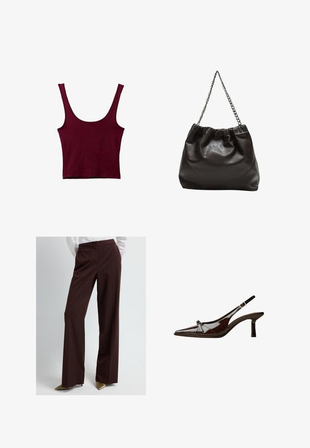 Bordeaux tanktop met brede schouderbanden, een ronde hals en een aansluitende pasvorm. Gemaakt van zachte, rekbare stof met een gladde textuur.; Bruine pantalon met streepjes in een wijde pijpdesign, gemaakt van gladde stof. Heeft een hoge taille en een minimalistische snit.; Bruine gepatineerde leren slingback schoen met een spitse neus, lage hak en een decoratieve strikaccent aan de voorkant. Glad, glanzend oppervlak.; Bruine leren tas met een geplooide bovenkant en een kettinghengsel. Glad textuur met een glanzende afwerking en subtiele naaddetails aan de zijkanten.