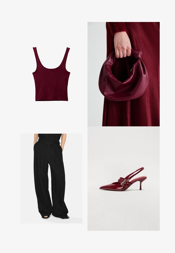 Burgundijska majica bez rukava s širokim naramenicama, okruglim izrezom i prilagođenim siluetom. Izrađena od mekog, rastezljivog materijala s glatkom teksturom.; Crne hlače širokih nogavica od laganog materijala. Imaju uski pojas s vezanom kravatom i prednje nabore za dodatne detalje.; Crvene patent kožne sandale s upetačom, oštrim vrhom, dva remena s kopčama i tankim, srednje visokim štiklama. Glatka tekstura.; Bordo kožni ruksač s mekim, naboranim dizajnom i zaobljenim oblikom. Ručka je sigurno pričvršćena, pokazujući glatku teksturu.
