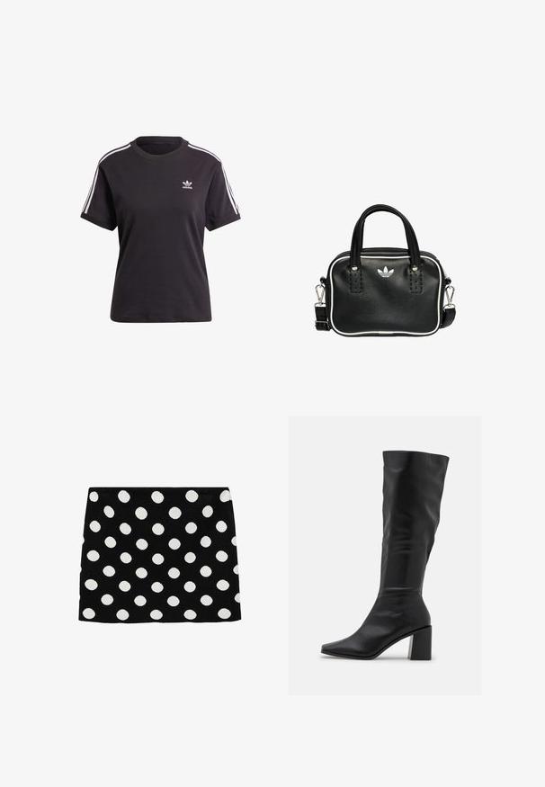 Schwarzes Baumwoll-T-Shirt mit kurzen Ärmeln und Rundhalsausschnitt, mit weißen Streifen auf den Schultern und einem kleinen weißen Adidas-Logo auf der Brust.; Schwarzer Rock mit großen weißen Punkten, aus weichem Stoff mit einer strukturierten Oberfläche. Der Saum ist gerade geschnitten, ohne sichtbare Beschläge.; RAID BLICK - Stiefel - black; Schwarze Lederhandtasche mit zwei kurzen Griffen, silbernem Zubehör, weißen Akzenten und einem weißen Logo. Verfügt über eine strukturierte Oberfläche und ein kompaktes Design.