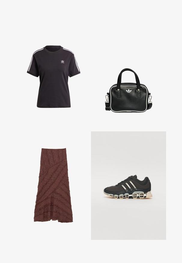 Czarny bawełniany t-shirt z krótkim rękawem i okrągłym dekoltem, z białymi paskami na ramionach oraz małym białym logo Adidasa na piersi.; Brąskowa spódnica o teksturowanej powierzchni, z warstwowym, falistym wzorem i diagonalnymi liniami, z falbaniastymi akcentami na krawędziach oraz rozszerzającym się krojem.; Czarne sportowe buty z teksturowaną cholewką, trzema srebrnymi paskami i charakterystyczną podeszwą z amortyzacją, składającą się z wielu zintegrowanych sekcji.; Czarna skórzana torebka z dwoma krótkimi uchwytami, srebrnymi akcentami, białymi detalami i białym logo. Posiada teksturowaną powierzchnię oraz kompaktowy design.