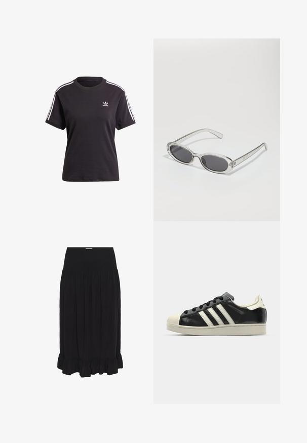 Sort bomulds t-shirt med korte ærmer og rund hals, der har hvide striber på skuldrene og et lille hvidt Adidas-logo på brystet.; Sort midi-nederdel med en smocket talje, lavet af letvægtigt stof, med plisseringer og en flæsekant for ekstra detaljer.; Sort lædersneakers med hvide striber, gummitåkap, sorte snørebånd og en cremefarvet ydersål. Glat tekstur med blank overflade.; Solsikker med oval form, klar plastramme, mørkegrå linser og tynde gennemsigtige arme med logovariationer og minimal detaljer.