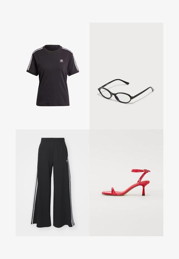 Sort bomulds t-shirt med korte ærmer og rund hals, der har hvide striber på skuldrene og et lille hvidt Adidas-logo på brystet.; Sorte brede sweatpants med elastisk talje, med hvide sidelommer og et broderet logo på venstre lår.; Røde patenterede læder højhælede sandaler med to slanke stropper henover tæerne og en spænde ankelrem; firkantet tådesign, 5 cm hæl.; Sorte ovale briller med gennemskinnelige lilla accenter på linserne. Rammen har en mat finish og slanke, lige stænger.; Sort læderhandtaske med to korte håndtag, sølvhardware, hvide accenter og et hvidt logo. Har en struktureret overflade og et kompakt design.