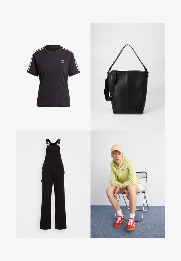 Czarny bawełniany t-shirt z krótkim rękawem i okrągłym dekoltem, z białymi paskami na ramionach oraz małym białym logo Adidasa na piersi.; Czarne dżinsowe ogrodniczki o szerokich nogawkach, z regulowanymi ramiączkami, bocznymi guzikami i przednimi kieszeniami. Gładka tekstura i mocny materiał.; Jasnozielona bluza z kapturem z logo, białe szorty, czerwone buty sportowe w białe paski, siedzący na chromowanym składanym krześle na neutralnym tle.; Czarna skórzana torba typu bucket o gładkiej teksturze, z dwoma uchwytami do noszenia i kontrastującym pionowym przeszyciem z przodu.