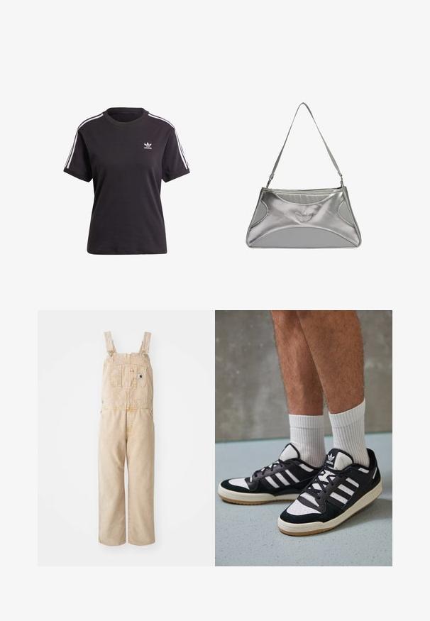 Black cotton short-sleeve t-shirt with round neck, featuring white stripes on shoulders and a small white Adidas logo on the chest.; Beige overalls made of sturdy fabric, featuring adjustable straps, a front pocket, and wide legs with a slightly faded texture.; Black and white sneakers with a suede and leather upper, featuring three white stripes, a perforated toe, and a gum rubber sole.; Silver metallic handbag with a sleek, structured design, featuring a textured body, a shoulder strap, and an embossed logo accent.