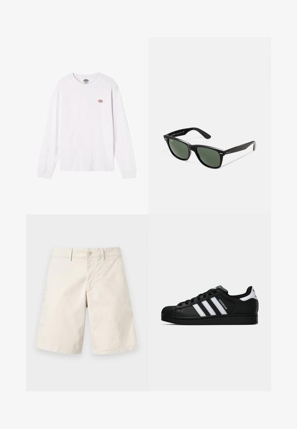 White long-sleeve t-shirt made of cotton. Features a small round multicolored logo on the chest. Simple design with ribbed cuffs.; Beige cotton shorts with a straight cut, single button closure, belt loops, and side pockets. Smooth texture, plain design without patterns.; Black Adidas Superstar sneaker with white stripes, shell toe, and "Superstar" text on side, shown in side profile on white background.; Black plastic sunglasses with green lenses, square frames, silver accent on the brow, and textured temple arms. Stated brand on inner arm.
