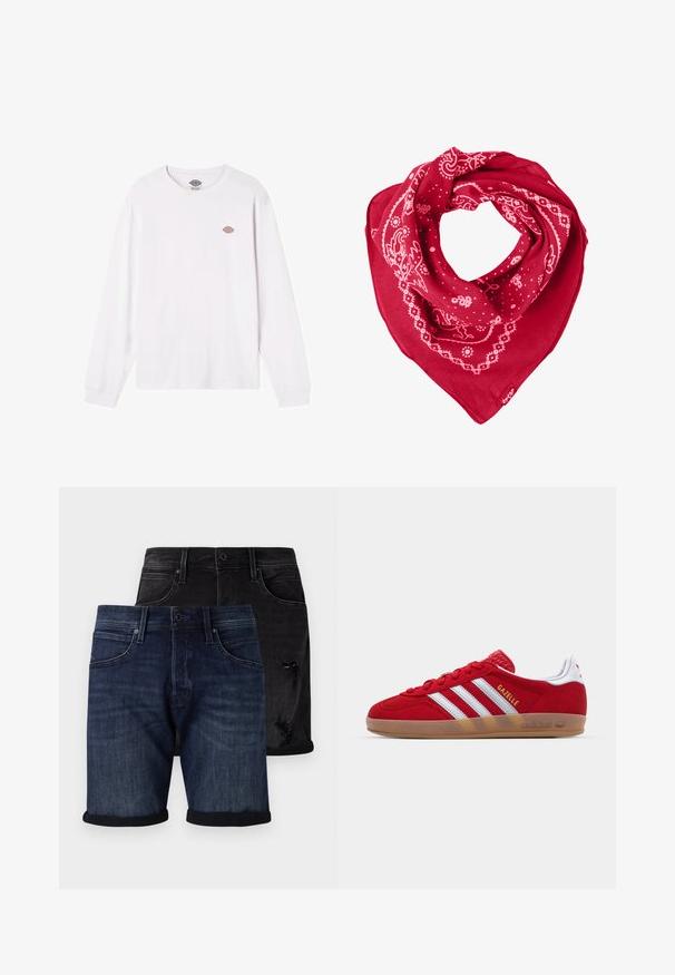 Balta, garām piedurknēm T-krekls, izgatavots no kokvilnas. Uz krūtīm ir mazs, apaļš daudzkrāsains logo. Vienkāršs dizains ar ribotām piedurknēm.; Džinsu šorti komplekts, kas sastāv no tumši zila pāra ar rullētiem malām un melna nolietota pāra. Abiem ir klasiskā piecu kabatu dizains.; Sarkans zamšs kedas ar baltu triju strīpu dizainu un zelta "Gazelle" tekstu. Iekļauj gumijas zoli un teksturētu papēdi.; Sarkana bandana šalle, izgatavota no kokvilnas, ar baltām paisley un punktu rakstiem, trīsstūrveida formā un ar etiķeti apakšējā stūrī.