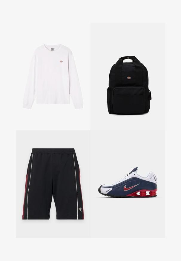 Bijela dugorukavna majica od pamuka. Sadrži mali okrugli višebojni logo na prsima. Jednostavan dizajn s rebrastim manžetama.; Crne šortseve izrađene od mekog materijala, s maroon bočnim panelima, bijelim detaljima i malim logotipom srca na rubu. Elastični pojas za udobnost.; Bijela i mornarsko plava sportska cipela s crvenim naglaskom, mrežastim panelima, podstavljenim ovratnikom i prepoznatljivim dizajnom potplata koji uključuje vidljive jedinice za ublažavanje udaraca.; Crna ruksak od izdržljivog materijala, s dvije naramenice, gornjom drškom i prednjim džepom na zip. Logo na prednjoj strani.